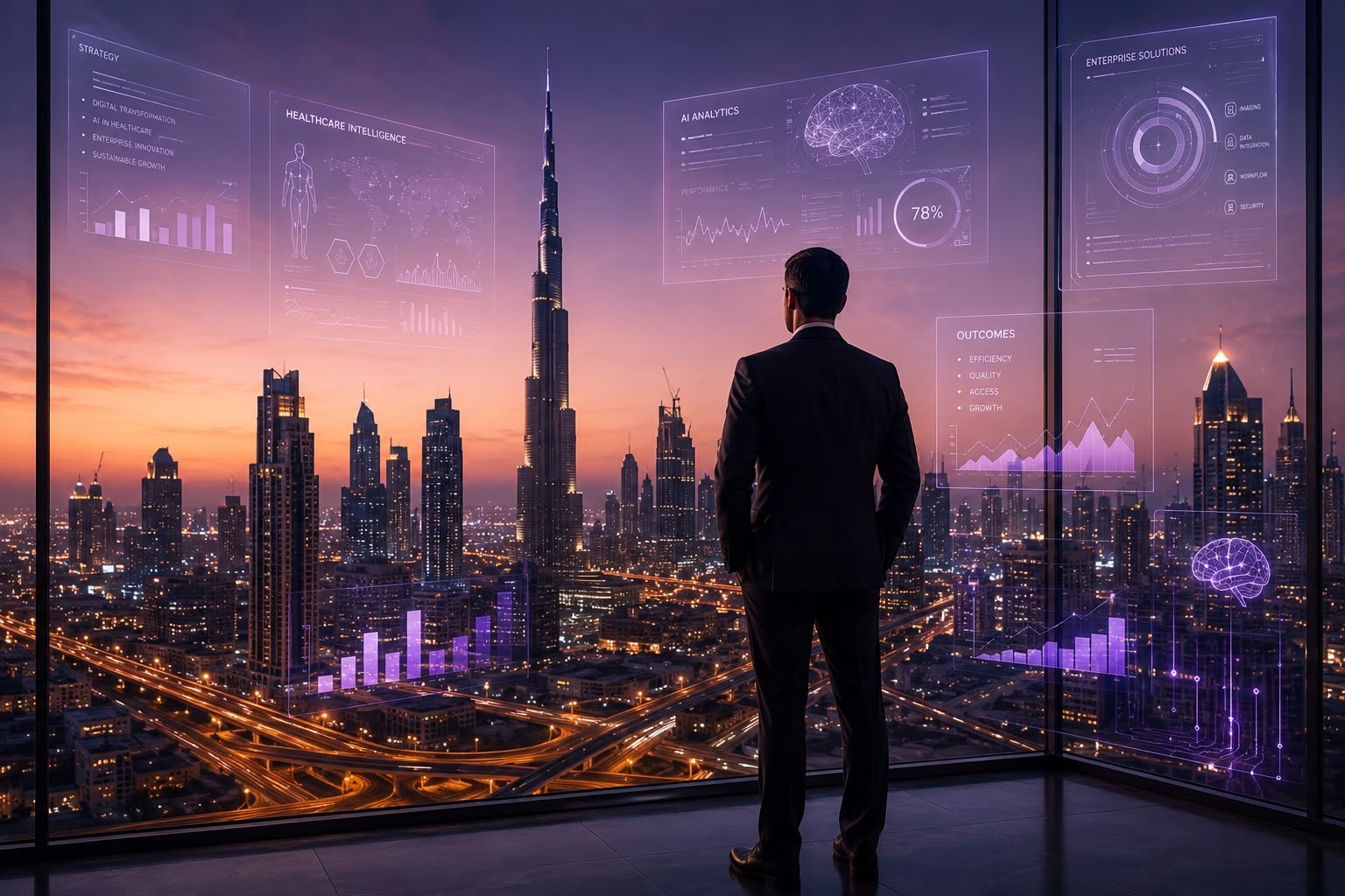 Healthcare leader reviewing analytics over the Dubai skyline at dusk